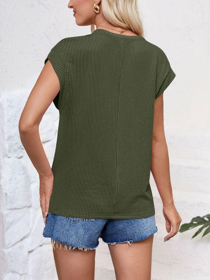 Lovelet Textured Round Neck Cap Sleeve Blouse - JOWLILI