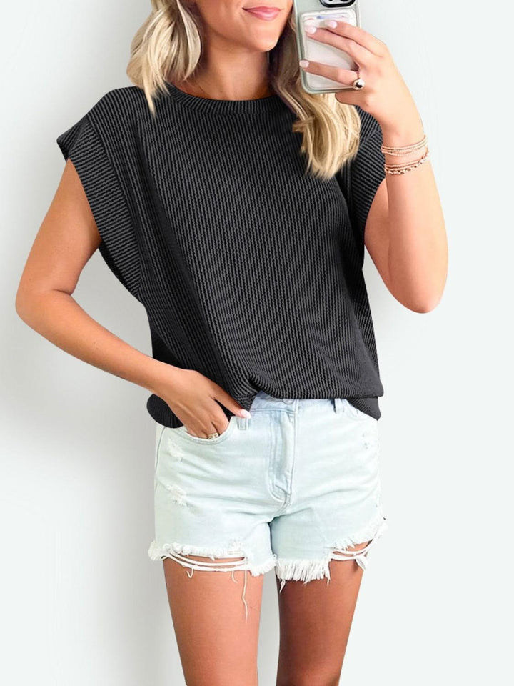 Lovelet Textured Round Neck Cap Sleeve Blouse - JOWLILI