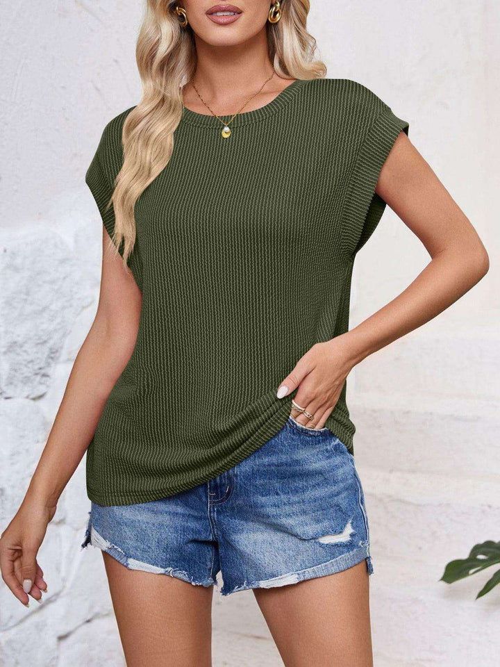 Lovelet Textured Round Neck Cap Sleeve Blouse - JOWLILI