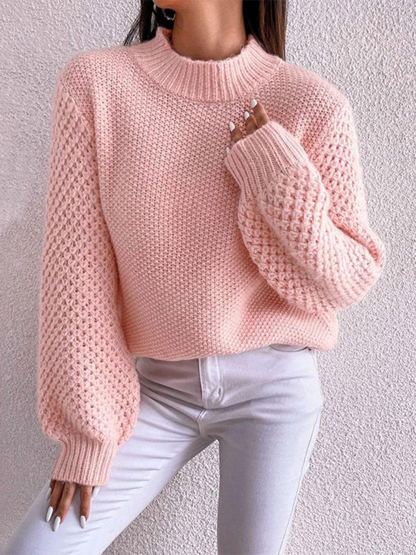 Openwork Mock Neck Long Sleeve Sweater - JOWLILI