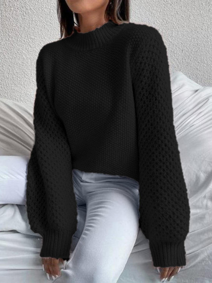 Openwork Mock Neck Long Sleeve Sweater - JOWLILI