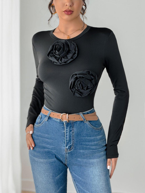 Perfee Flower Round Neck Long Sleeve Bodysuit - JOWLILI