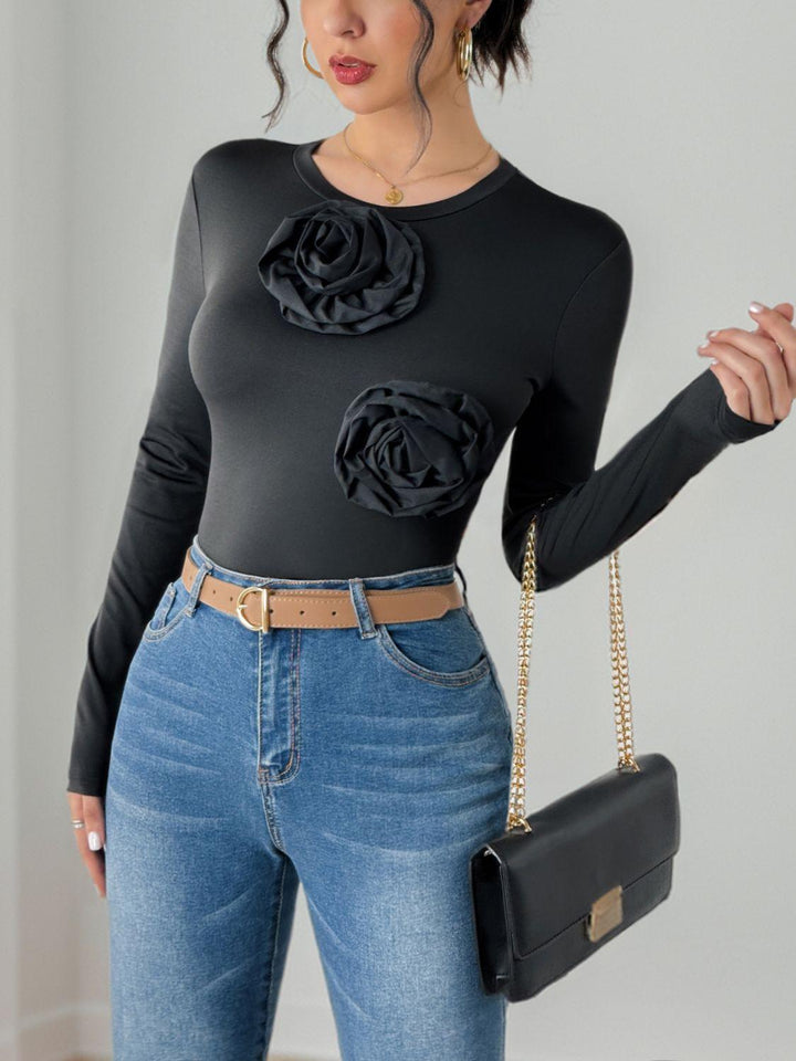 Perfee Flower Round Neck Long Sleeve Bodysuit - JOWLILI