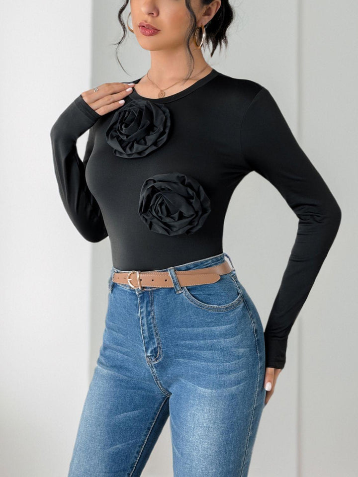 Perfee Flower Round Neck Long Sleeve Bodysuit - JOWLILI