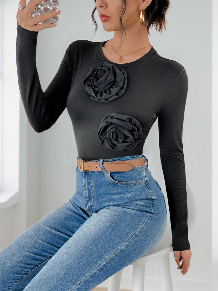 Perfee Flower Round Neck Long Sleeve Bodysuit - JOWLILI