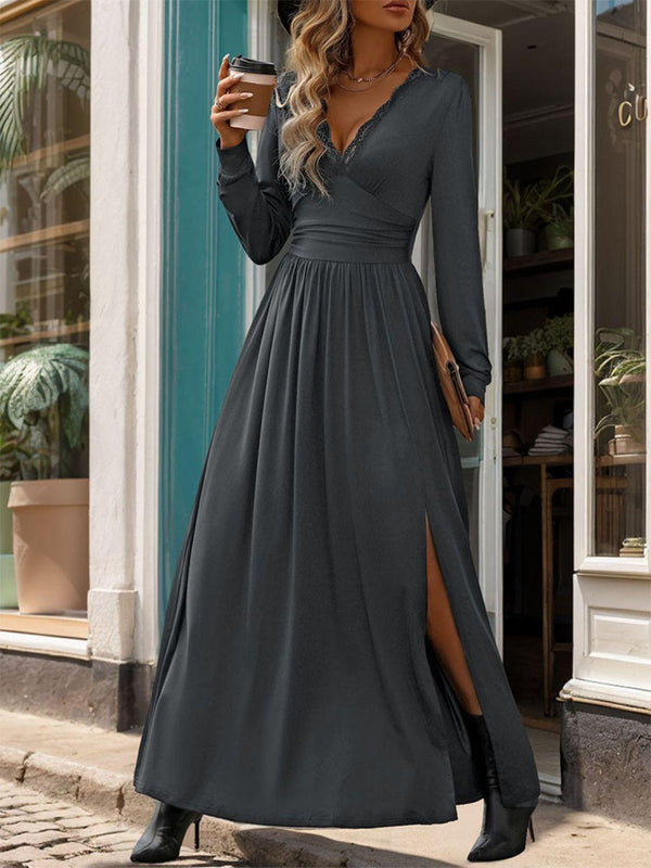Perfee Lace Detail Slit V-Neck Long Sleeve Dress - JOWLILI