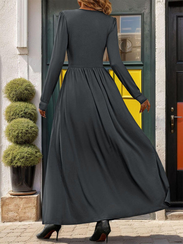 Perfee Lace Detail Slit V-Neck Long Sleeve Dress - JOWLILI