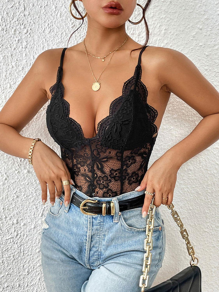 Perfee Lace V-Neck Spaghetti Strap Bodysuit - JOWLILI