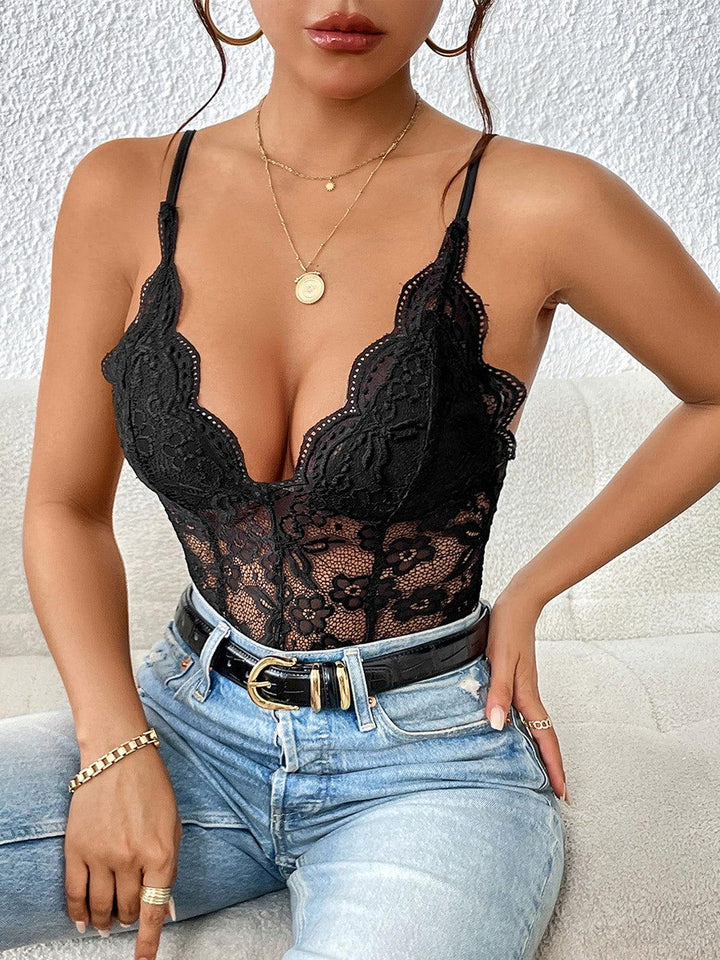 Perfee Lace V-Neck Spaghetti Strap Bodysuit - JOWLILI