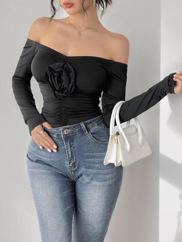 Perfee Ruched Flower Off-Shoulder Long Sleeve Bodysuit - JOWLILI