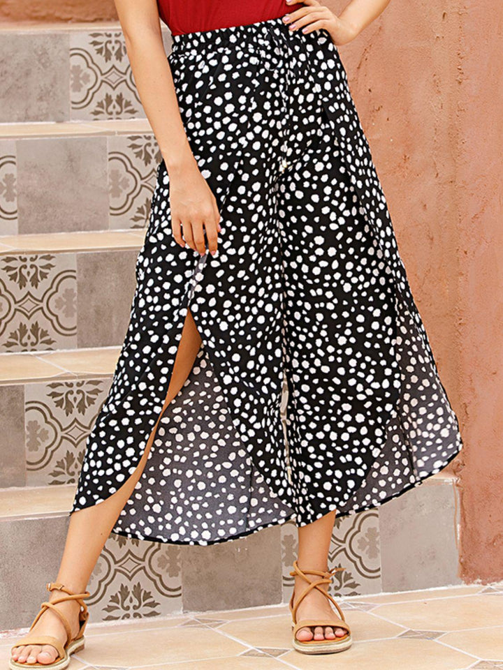 Perfee Slit Polka Dot Wide Leg Pants - JOWLILI