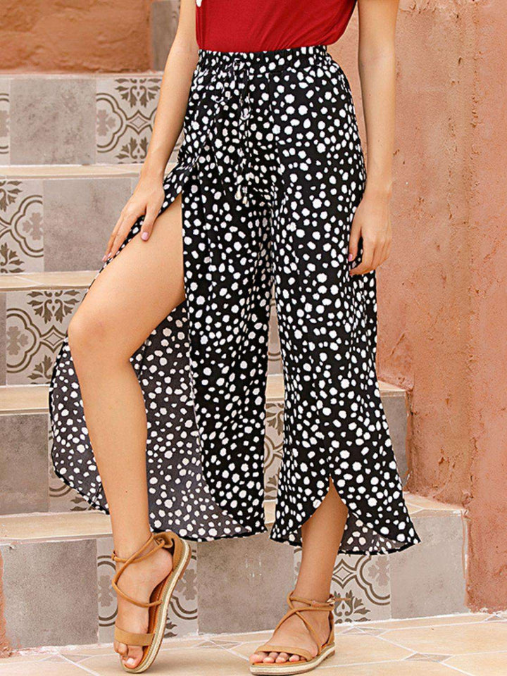 Perfee Slit Polka Dot Wide Leg Pants - JOWLILI