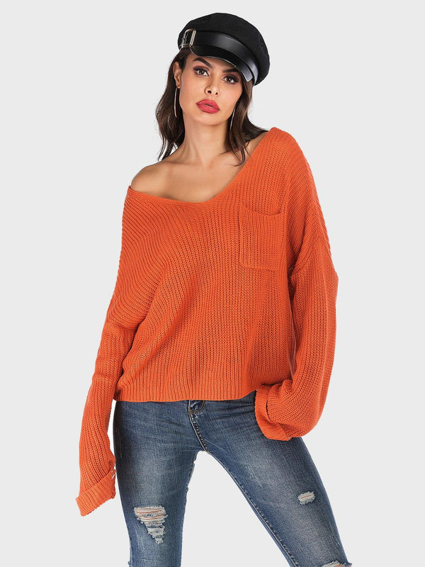 Perfee V-Neck Dropped Shoulder Long Sleeve Sweater - JOWLILI