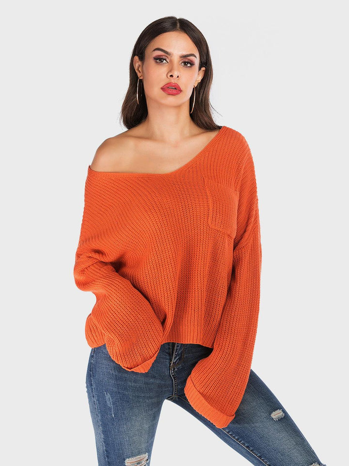 Perfee V-Neck Dropped Shoulder Long Sleeve Sweater - JOWLILI