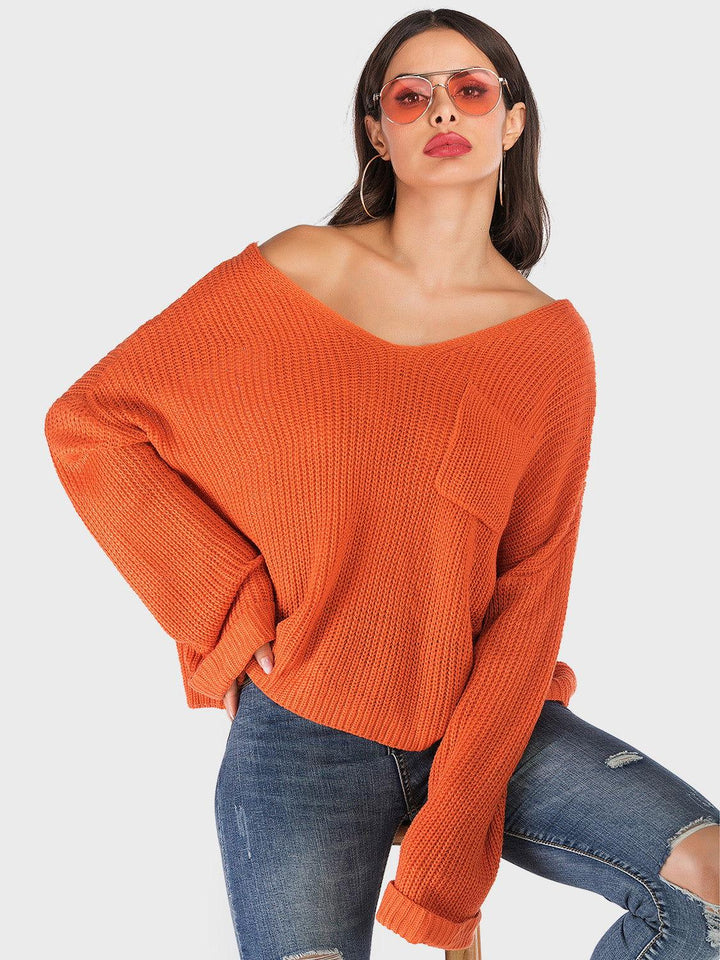 Perfee V-Neck Dropped Shoulder Long Sleeve Sweater - JOWLILI