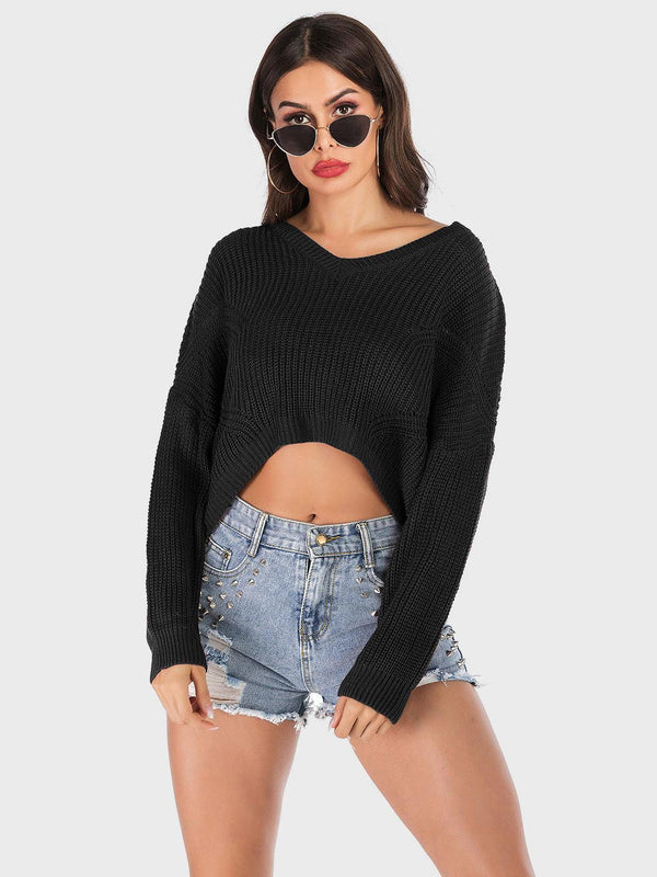 Perfee V-Neck Long Sleeve Sweater - JOWLILI