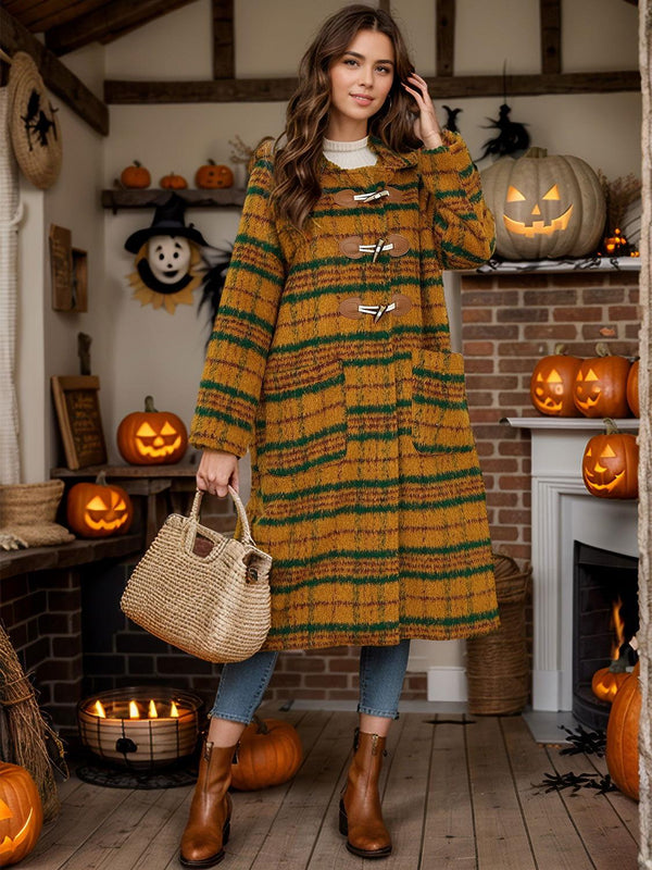 Plaid Long Sleeve Hooded Coat with Pockets - JOWLILI