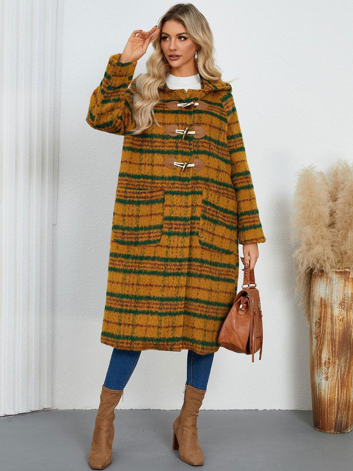 Plaid Long Sleeve Hooded Coat with Pockets - JOWLILI
