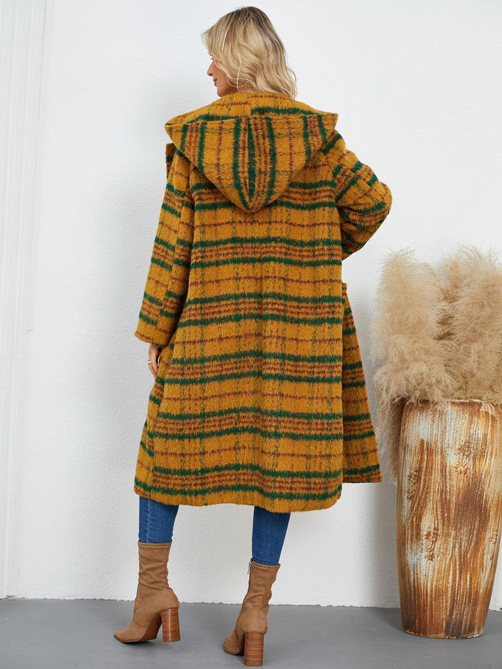 Plaid Long Sleeve Hooded Coat with Pockets - JOWLILI