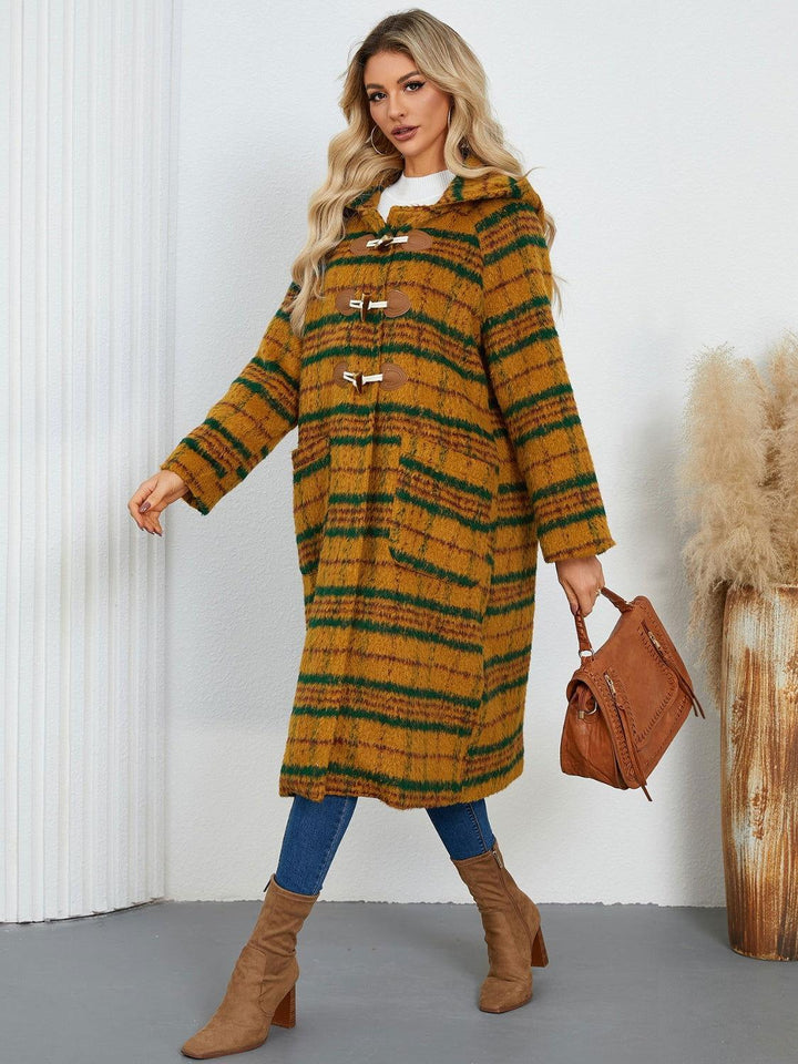 Plaid Long Sleeve Hooded Coat with Pockets - JOWLILI