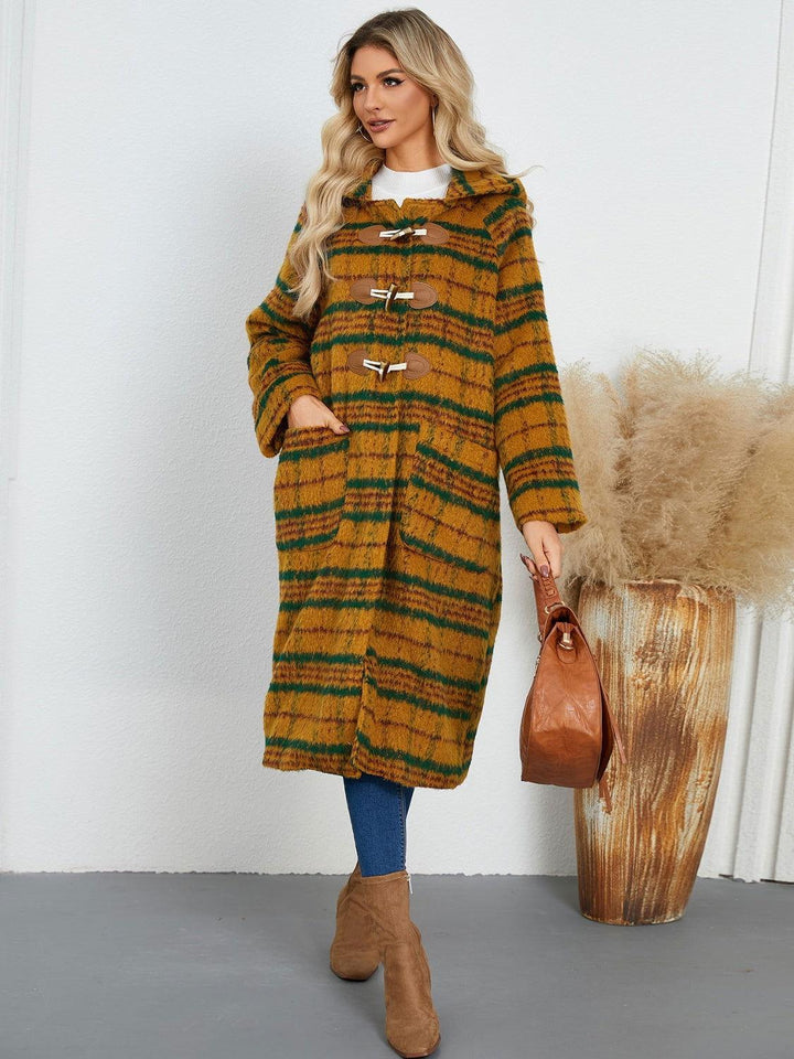 Plaid Long Sleeve Hooded Coat with Pockets - JOWLILI