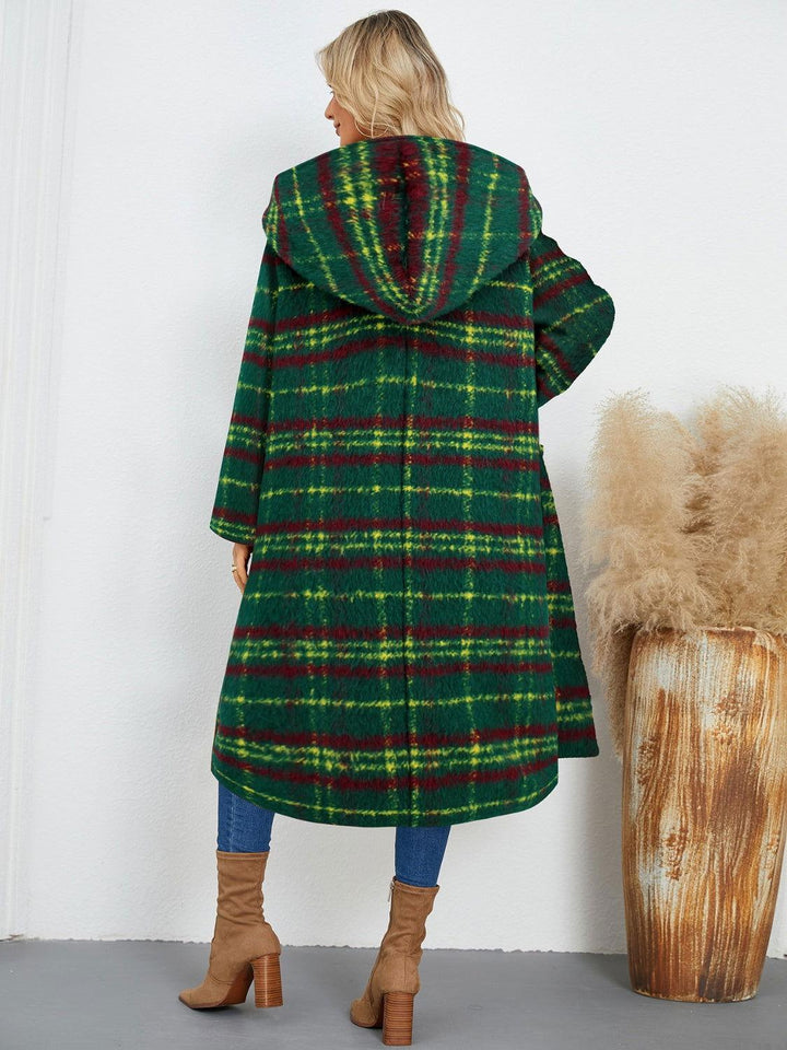 Plaid Long Sleeve Hooded Coat with Pockets - JOWLILI