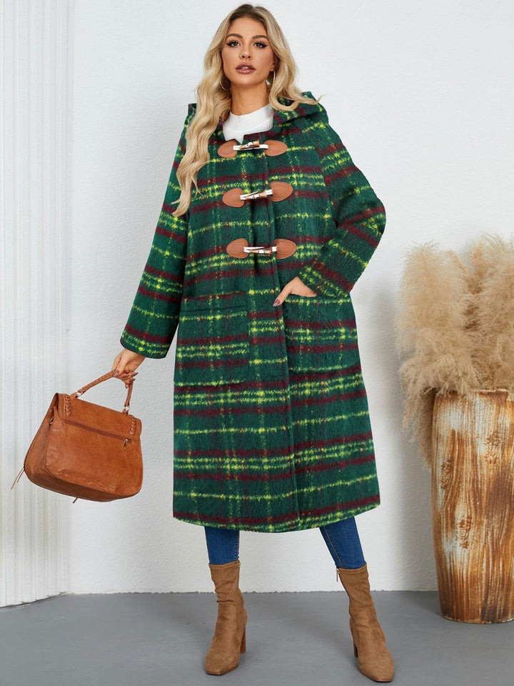 Plaid Long Sleeve Hooded Coat with Pockets - JOWLILI
