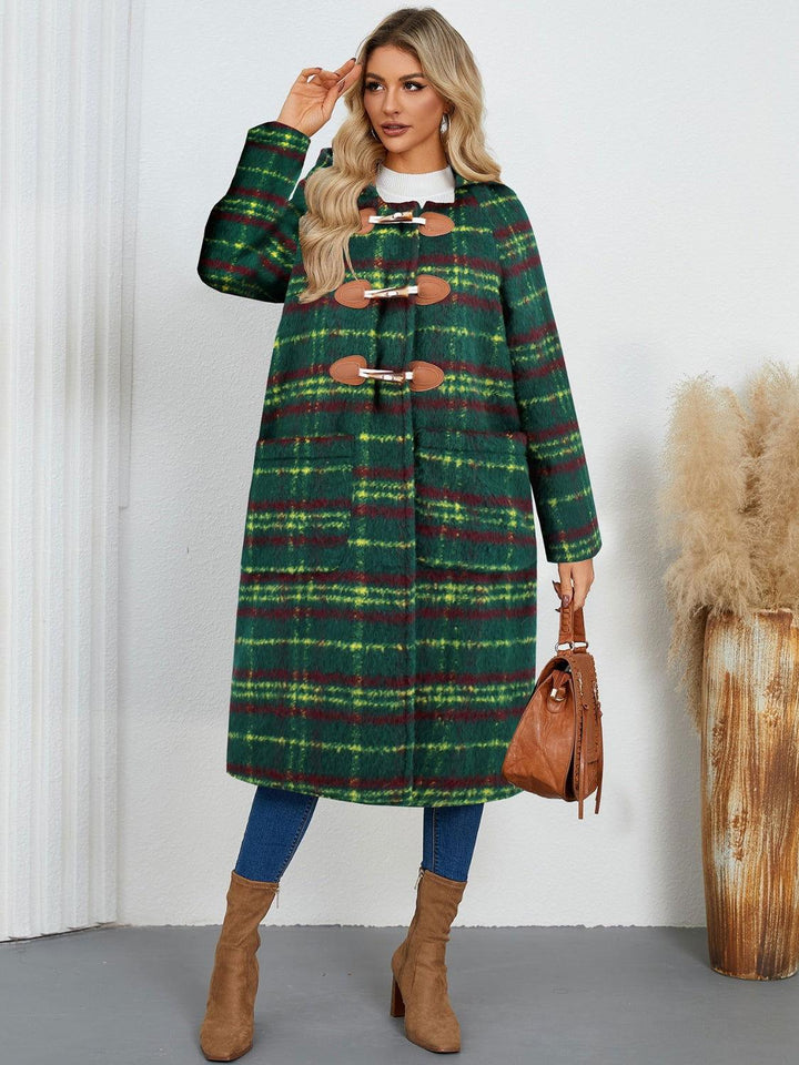 Plaid Long Sleeve Hooded Coat with Pockets - JOWLILI
