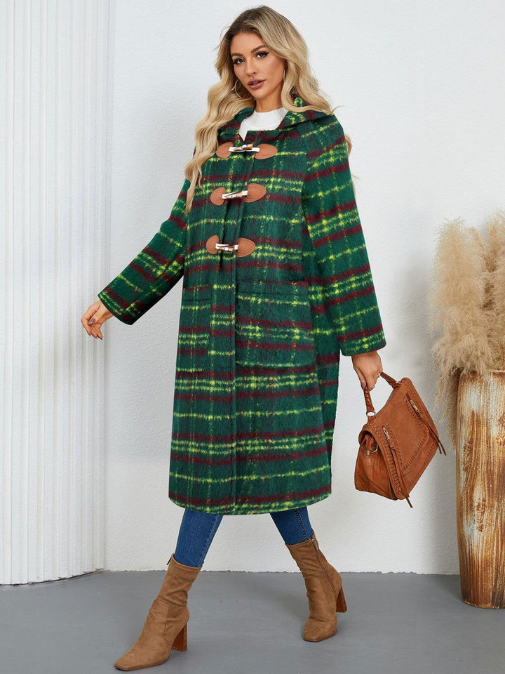 Plaid Long Sleeve Hooded Coat with Pockets - JOWLILI