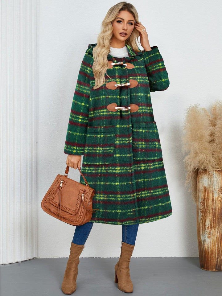 Plaid Long Sleeve Hooded Coat with Pockets - JOWLILI