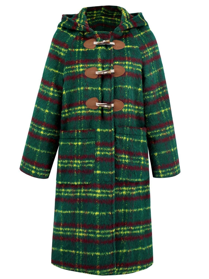 Plaid Long Sleeve Hooded Coat with Pockets - JOWLILI