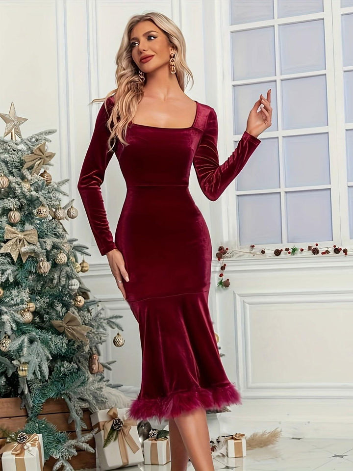 Plush Hem Square Neck Long Sleeve Dress - JOWLILI
