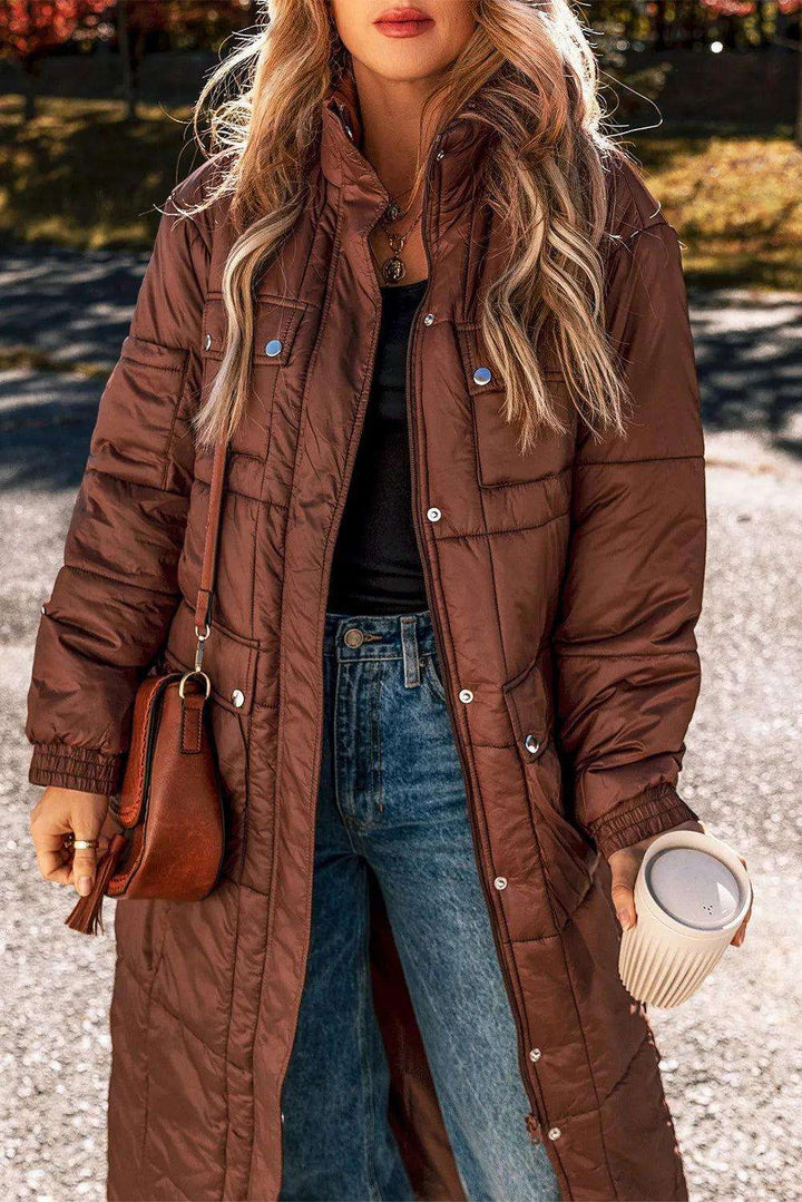 Pocketed Bubble Texture Long Sleeve Longline Winter Coat - JOWLILI