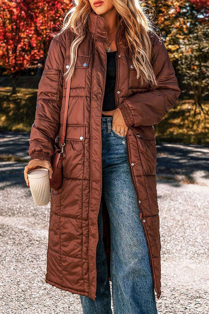 Pocketed Bubble Texture Long Sleeve Longline Winter Coat - JOWLILI