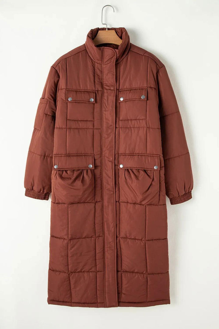 Pocketed Bubble Texture Long Sleeve Longline Winter Coat - JOWLILI