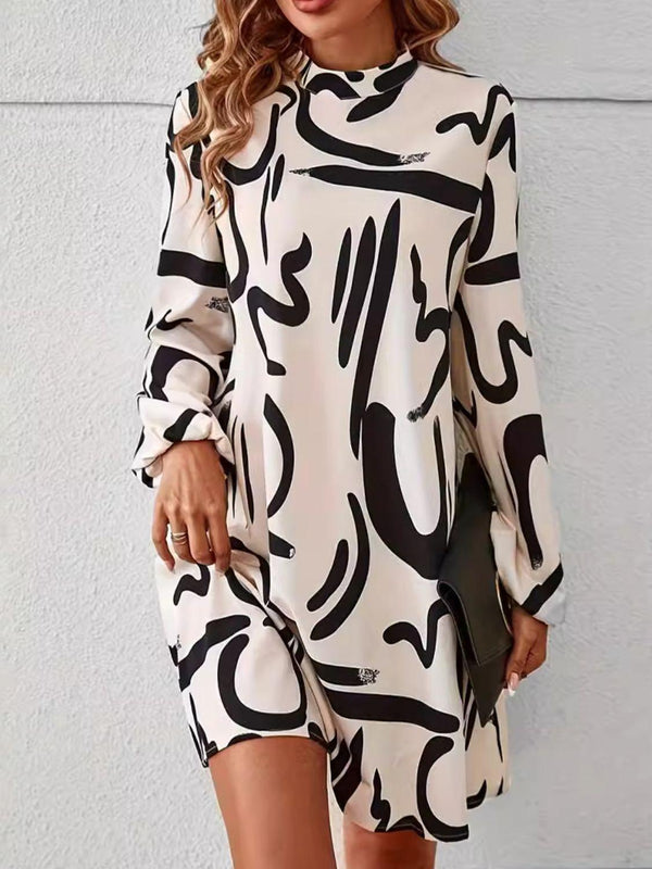 Printed Mock Neck Long Sleeve Mini Dress - JOWLILI