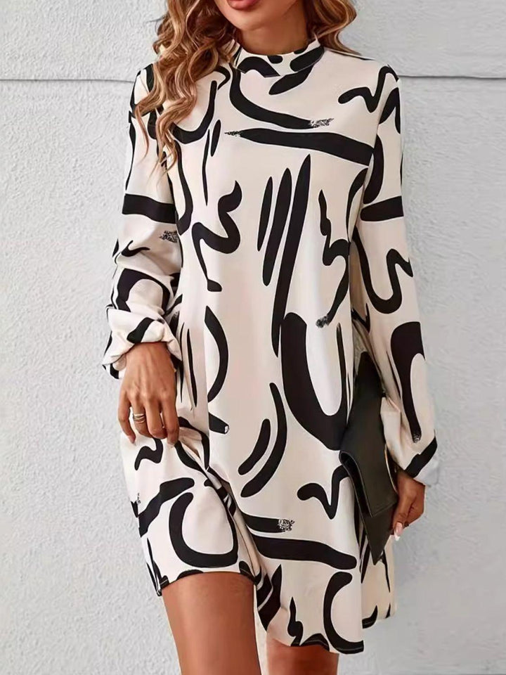 Printed Mock Neck Long Sleeve Mini Dress - JOWLILI