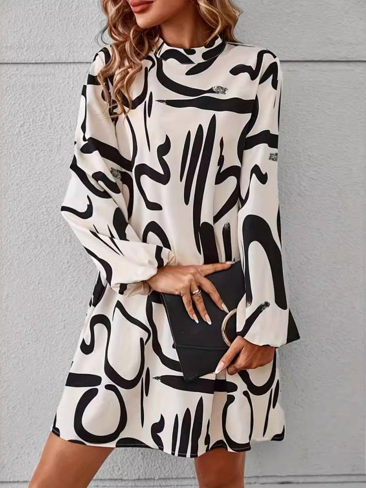 Printed Mock Neck Long Sleeve Mini Dress - JOWLILI