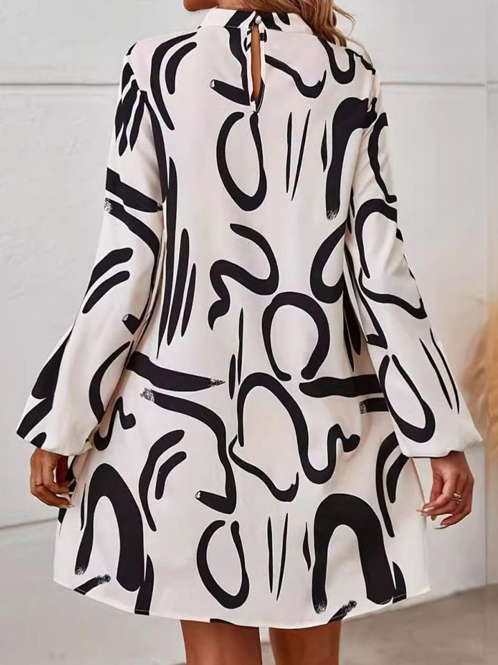 Printed Mock Neck Long Sleeve Mini Dress - JOWLILI
