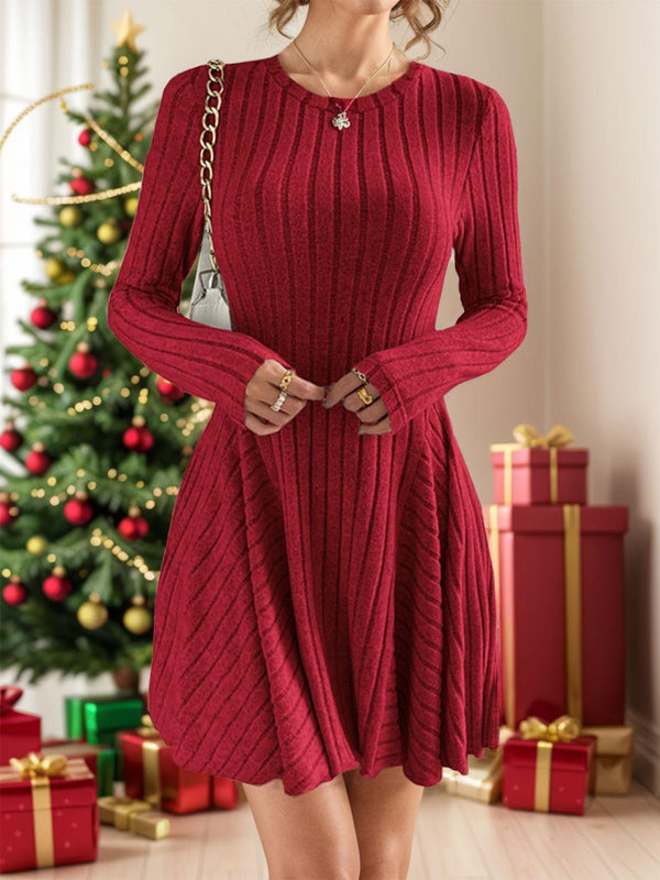 Ribbed Round Neck Long Sleeve Dress - JOWLILI