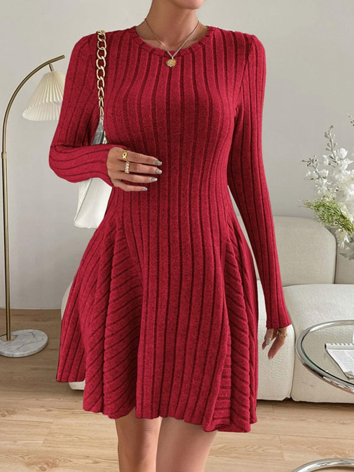 Ribbed Round Neck Long Sleeve Dress - JOWLILI