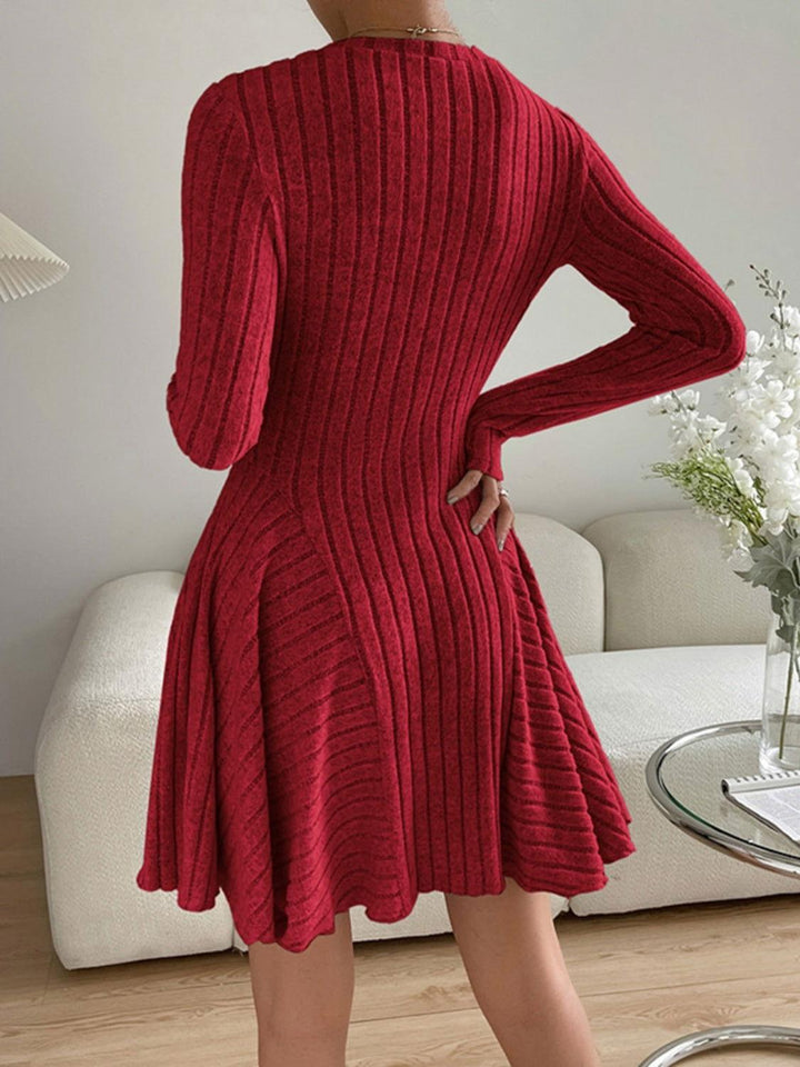 Ribbed Round Neck Long Sleeve Dress - JOWLILI