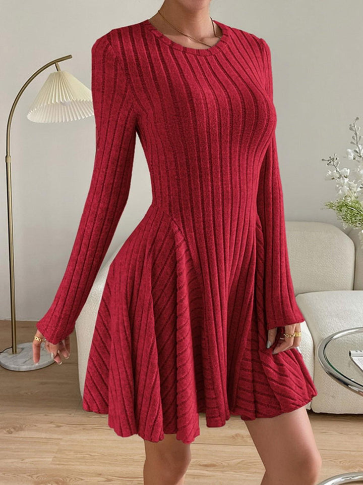Ribbed Round Neck Long Sleeve Dress - JOWLILI