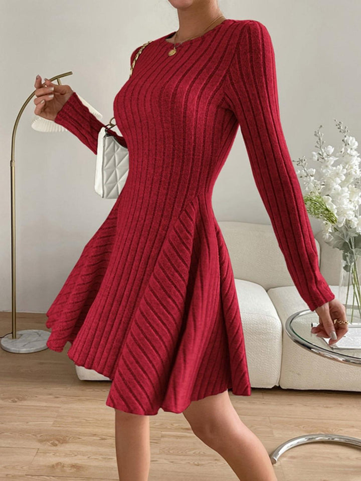 Ribbed Round Neck Long Sleeve Dress - JOWLILI