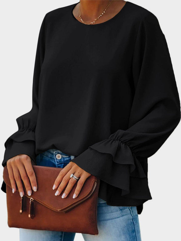 Round Neck Double-Layered Flounce Sleeve Top - JOWLILI