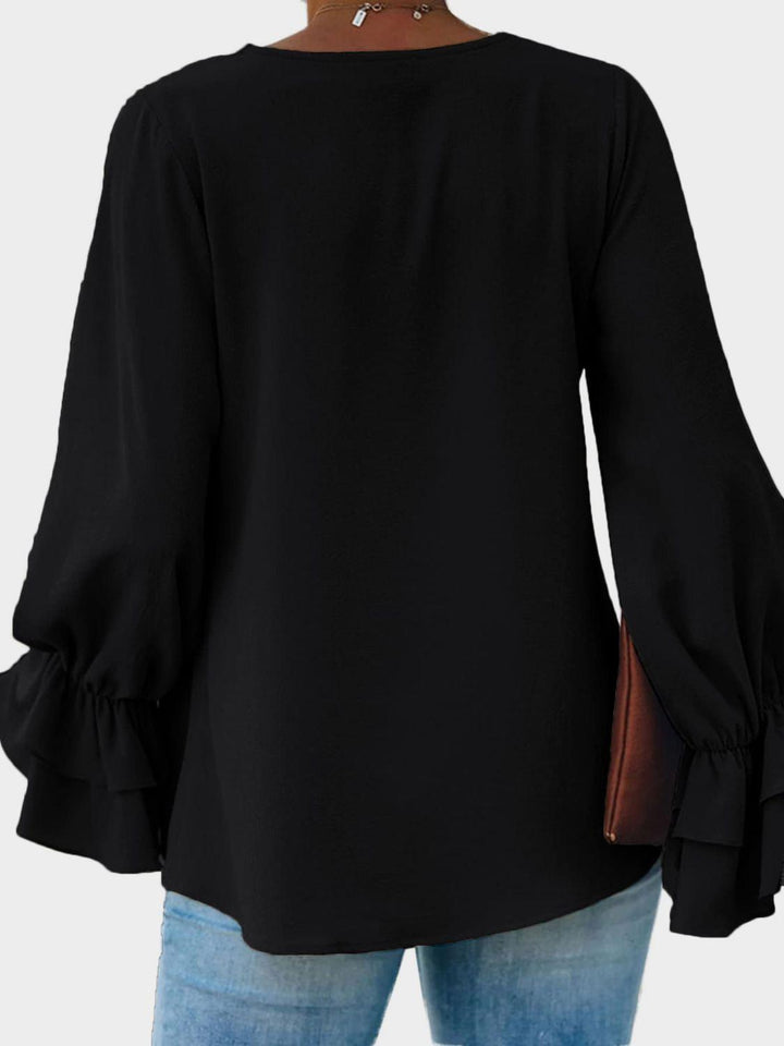 Round Neck Double-Layered Flounce Sleeve Top - JOWLILI