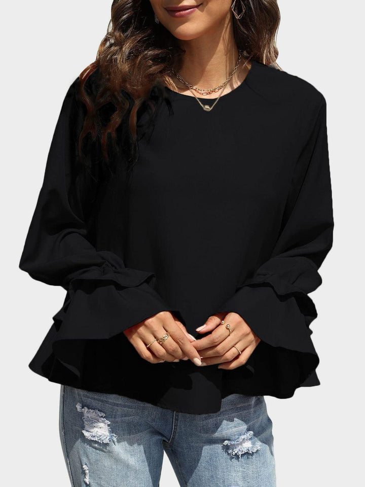Round Neck Double-Layered Flounce Sleeve Top - JOWLILI
