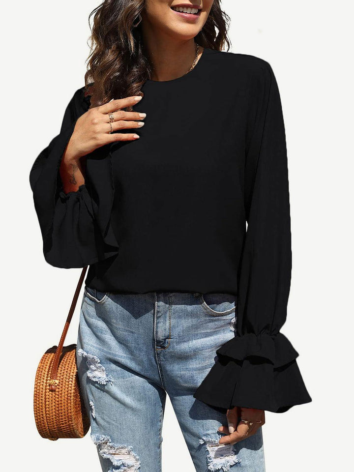 Round Neck Double-Layered Flounce Sleeve Top - JOWLILI