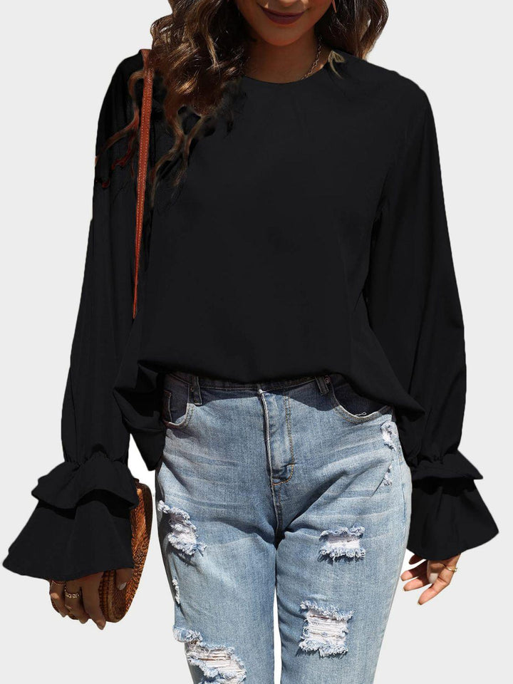 Round Neck Double-Layered Flounce Sleeve Top - JOWLILI