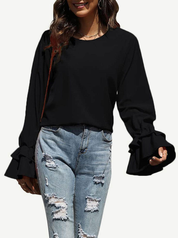Round Neck Double-Layered Flounce Sleeve Top - JOWLILI